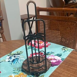 Green Metal and Brown Wicker Paper Towel Holder